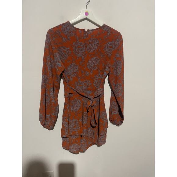 Orange And Blue V Neck Baggy Sleeve Waist Tie Layered Ruffle Hem Shorts Romper S - Picture 5 of 5